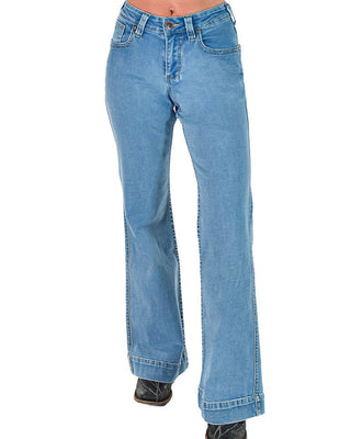 Light blue wide-leg denim jeans shown on a model from the waist down, paired with black boots against a plain white background.