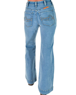 Light blue denim jeans with a high-rise, bootcut or flare silhouette, shown from the back. The back pockets feature decorative embroidered stitching, and a small orange brand tab is visible on the back waistband.