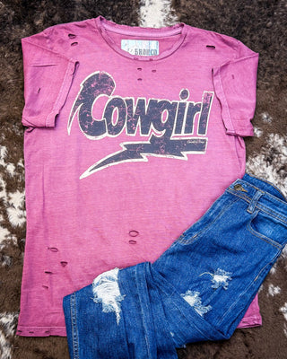Lightning Cowgirl Distressed Graphic Tee - Vintage Berry – Apparel from Bronco Western Supply Co.