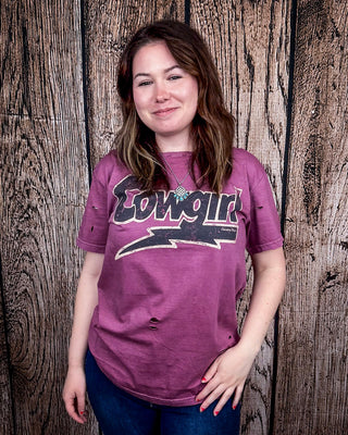 Lightning Cowgirl Distressed Graphic Tee - Vintage Berry – Apparel from Bronco Western Supply Co.