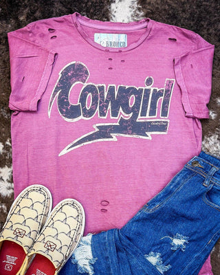 Lightning Cowgirl Distressed Graphic Tee - Vintage Berry – Apparel from Bronco Western Supply Co.