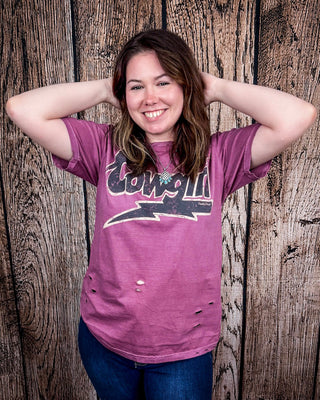 Lightning Cowgirl Distressed Graphic Tee - Vintage Berry – Apparel from Bronco Western Supply Co.