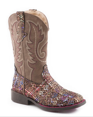 Glitter Aztec Little Kids boot by Roper showing a brown glitter vamp with multicolor Southwest motifs, a brown stitched shaft and a wide square toe