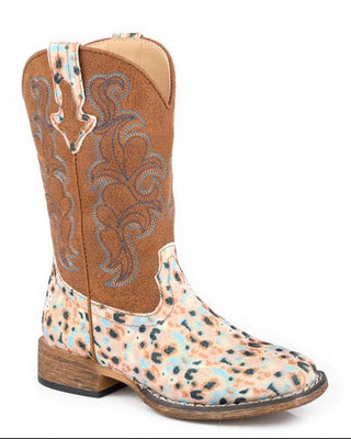 Glitter Blossom Little Kids boot by Roper with a multicolor patterned glitter vamp, brown faux leather shaft, western stitching and a wide square toe