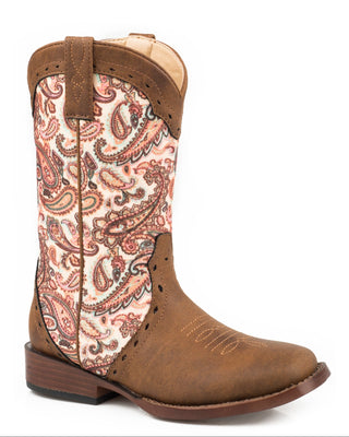 Glitter Geo Little Kids boot by Roper with pink paisley glitter shaft panels, brown faux leather vamp and trim, decorative cutouts and a square toe