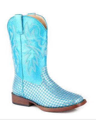 Glitter Gleam Little Kids boot by Roper with a metallic turquoise stitched shaft, patterned blue glitter vamp, pull tabs and a wide square toe
