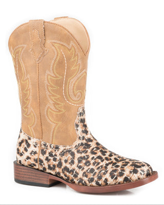 Glitter Leopard Little Kids boot by Roper showing a gold glitter and leopard print vamp, tan stitched shaft, pull tabs and a wide square toe
