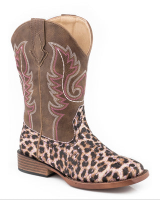 Glitter Leopard Little Kids boot by Roper showing a pink glitter and leopard print vamp, brown stitched shaft, pull tabs and a wide square toe