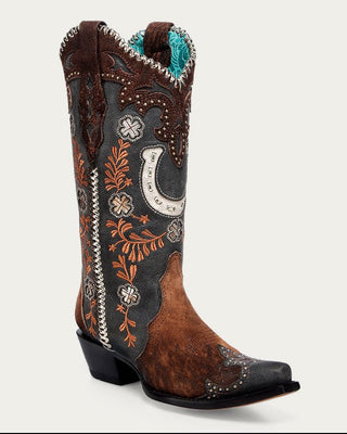 Corral A4862 brown snip toe boot with horseshoe overlays, floral embroidery, woven trim and studs, full view