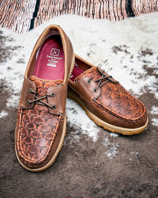 Marrow Twisted X Boat Shoe Driving Moc - Brown Multi and Rustic Brown – Women's Shoes from Bronco Western Supply Co.