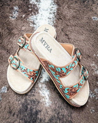 Meadow Sky Western Hand - Tooled Sandals by Myra Bag – Women's Shoes from Bronco Western Supply Co.