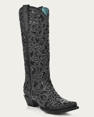 Corral A3589 tall black snip toe boot with floral overlays, glitter inlays, studs and crystals, full view