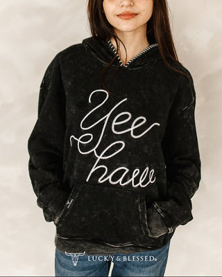 Midnight Rodeo Yeehaw Embroidered Hoodie in Black Mineral Wash – Apparel from Bronco Western Supply Co.