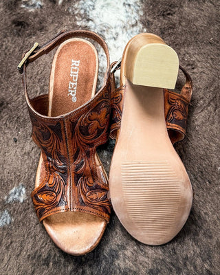 Mika II Tooled Heel in Tan and Black by Roper – Women's Shoes from Bronco Western Supply Co.