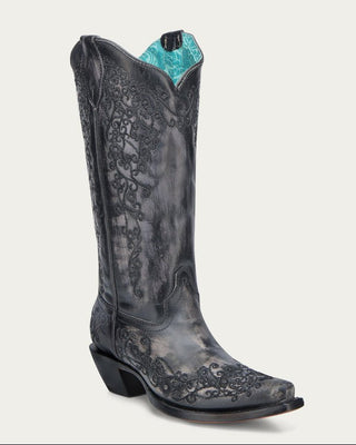 Corral A4800 black and bone snip toe boot with floral embroidery, full three-quarter view