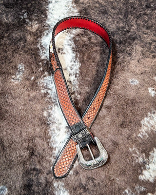 Myra Bag - Checkered Brown Hand - Tooled Leather Belt - Apparel - Myra Bag - Bronco Western Supply Co.