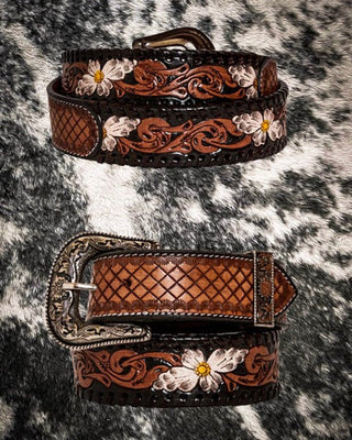 Myra Bag - Checkered Brown Hand - Tooled Leather Belt – Apparel from Bronco Western Supply Co.