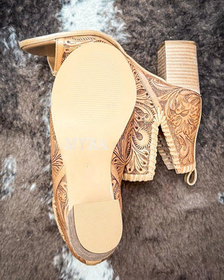 Myra Bag - Persimmonee Heels In Brown - Tooled Leather Peep - Toe Booties – Women's Shoes from Bronco Western Supply Co.