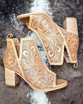 Myra Bag - Persimmonee Heels In Brown - Tooled Leather Peep - Toe Booties – Women's Shoes from Bronco Western Supply Co.