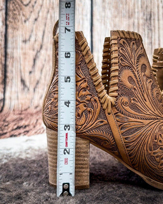 Myra Bag - Persimmonee Heels In Brown - Tooled Leather Peep - Toe Booties – Women's Shoes from Bronco Western Supply Co.