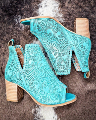 Myra Bag - Persimmonee Heels in Turquoise – Tooled Leather Peep - Toe Booties – Women's Shoes from Bronco Western Supply Co.