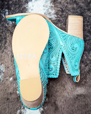 Myra Bag - Persimmonee Heels in Turquoise – Tooled Leather Peep - Toe Booties – Women's Shoes from Bronco Western Supply Co.