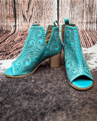 Myra Bag - Persimmonee Heels in Turquoise – Tooled Leather Peep - Toe Booties – Women's Shoes from Bronco Western Supply Co.