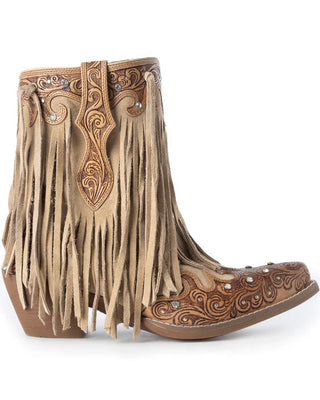 Brown cowboy boot with intricate designs and fringes on a white background