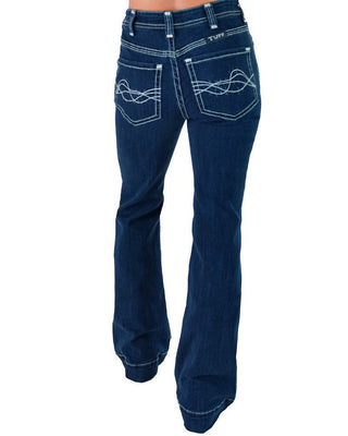 Rusty brand dark blue denim flare jeans shown from the back, featuring white contrast stitching and decorative wave embroidery on the back pockets.