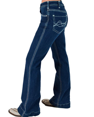A person wearing dark blue denim jeans with white contrast stitching, shown from the waist down against a plain white background.