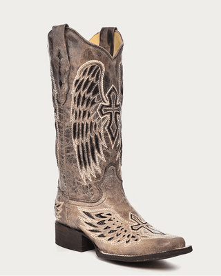Night Halo Cross and Wings Square Toe Boots in Brown and Black by Corral Boots – Women's Boots from Bronco Western Supply Co.