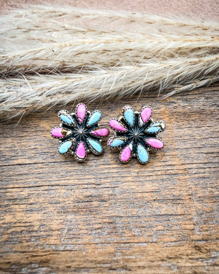 Painted Zinnia Cotton Candy Turquoise Stud Earrings – Earrings from Bronco Western Supply Co.