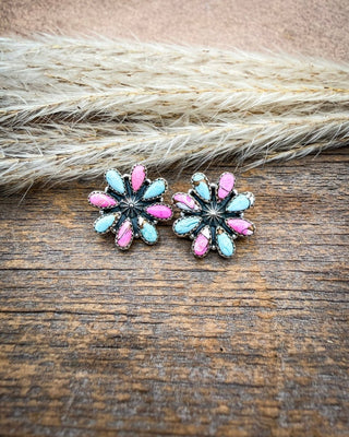 Painted Zinnia Cotton Candy Turquoise Stud Earrings – Earrings from Bronco Western Supply Co.
