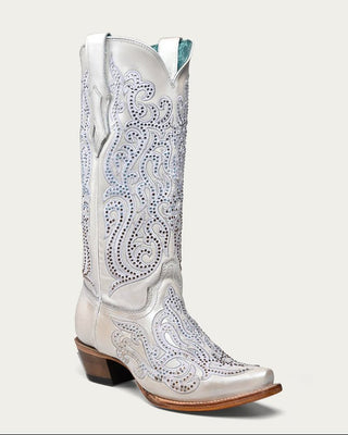 Corral C4103 white snip toe boot with scrolling overlays, embroidery and crystals, full three-quarter view