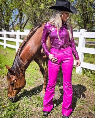 Pull On Faux Patent Trousers in Hot Pink by Cowgirl Tuff – Apparel from Bronco Western Supply Co.