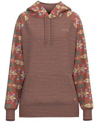 A women's pullover hoodie with a heathered brown body and sleeves featuring a colorful geometric Southwestern pattern. The hoodie has matching brown drawstrings, a kangaroo pocket, and a small embroidered logo on the left chest.