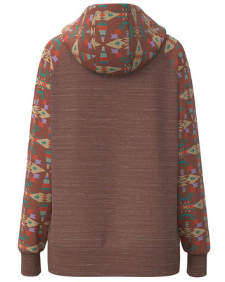 A women's pullover hoodie shown from the back, featuring a solid brown heathered body and sleeves with a colorful geometric Southwestern pattern on the hood and opposite sleeves.