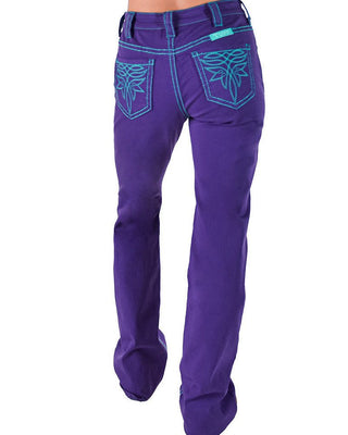 Purple pants with blue embroidery on a white background