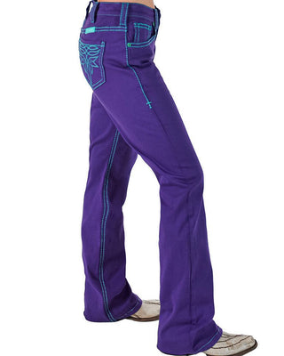 Purple pants with blue stitching on a white background