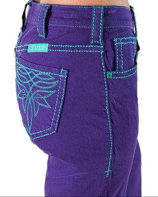 Purple pants with green stitching and a visible brand logo on a white background
