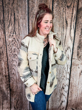 Rangeview Teddy Fleece Aztec Shacket in Sand – Apparel from Bronco Western Supply Co.