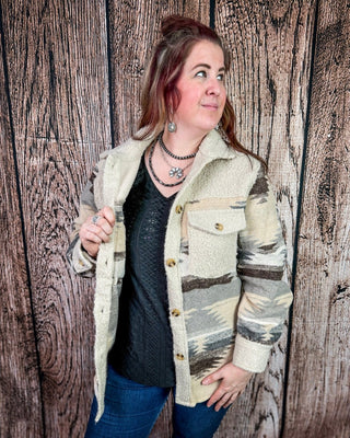 Rangeview Teddy Fleece Aztec Shacket in Sand – Apparel from Bronco Western Supply Co.