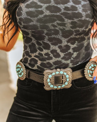 Ravenstone Turquoise Concho Belt in Black by Lucky and Blessed – Accessories from Bronco Western Supply Co.