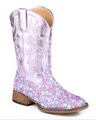 Girl's Glitter Bloom boots by Roper, side view showing the lavender metallic stitched shaft, floral glitter vamp, wide square toe and low heel