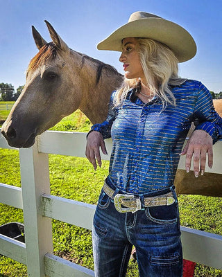 Royal Blue Shimmer Copper Sequins Pullover Button Up by Cowgirl Tuff – Apparel from Bronco Western Supply Co.