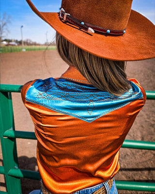 Rust & Turquoise Retro Bootstitch Satin Pullover Button Up by Cowgirl Tuff – Apparel from Bronco Western Supply Co.