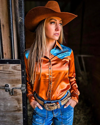 Rust & Turquoise Retro Bootstitch Satin Pullover Button Up by Cowgirl Tuff – Apparel from Bronco Western Supply Co.