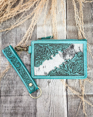 Sage River Hand Tooled Hairon Leather Card Holder in Frontier Aqua By Myra Bag – Purses & Wallets from Bronco Western Supply Co.