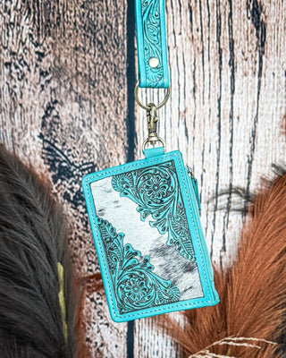 Sage River Hand Tooled Hairon Leather Card Holder in Frontier Aqua By Myra Bag – Purses & Wallets from Bronco Western Supply Co.