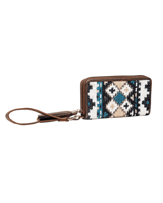 A zip-around wallet with a brown leather wrist strap, featuring a Southwestern-style geometric pattern in blue, beige, and black on a white background.